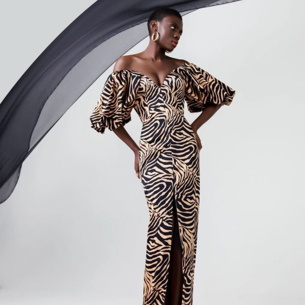 Rasario Zebra Print Off-Shoulder Evening Gown Size 4 NWT